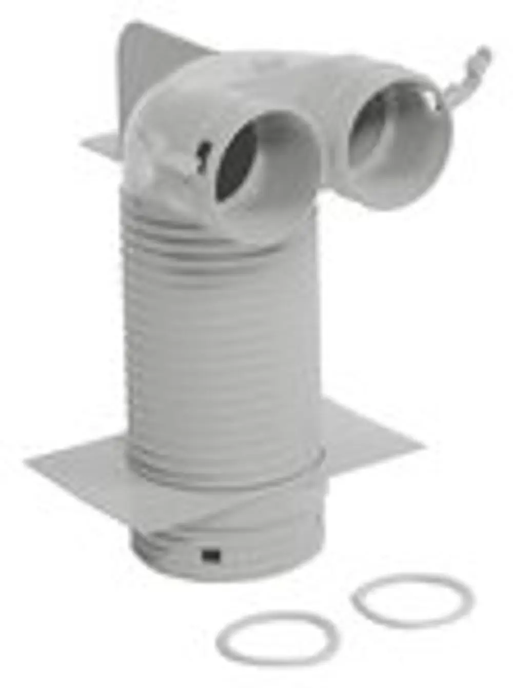 Vaillant Ventilanschluss mit zwei Ausgängen, kammerförmige Verbindung, geeignet für zwei Luftschläuche, mit Montageplatte und Dichtungsringen.